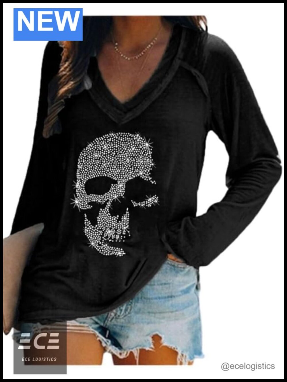 Rhinestone Skull Tank Top V-Neck Long Sleeve Blouse Goth Y2K